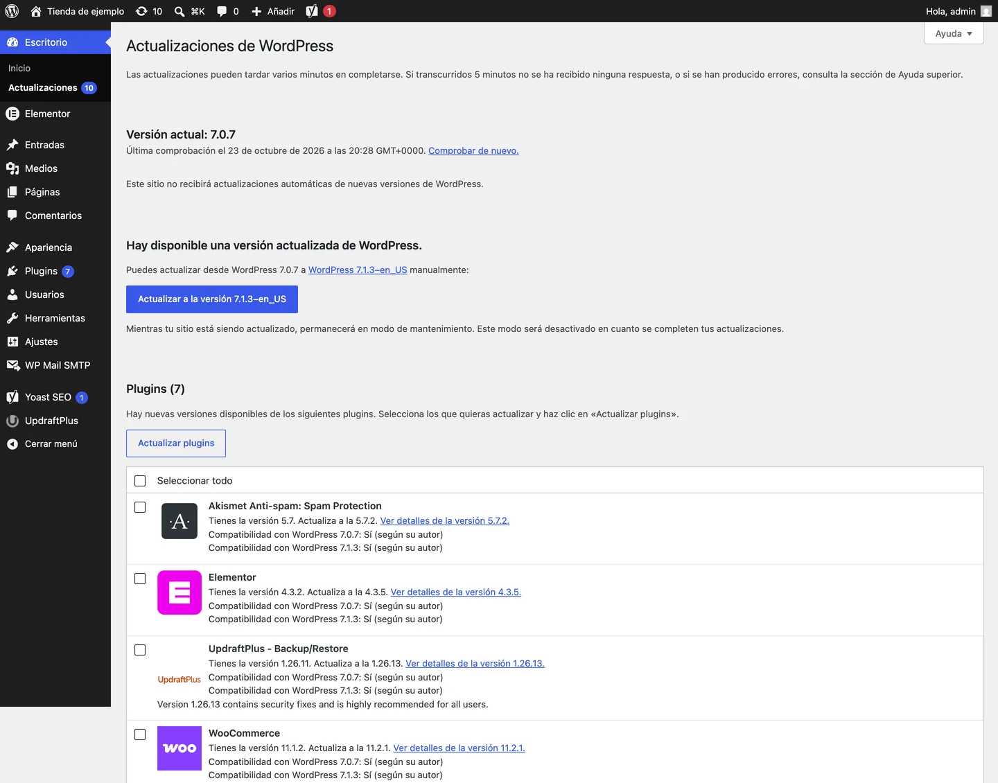 Pantalla de actualizaciones del escritorio de WordPress en español