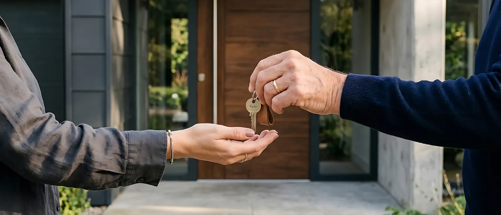 Entrega de las llaves de una vivienda nueva frente a la puerta de entrada