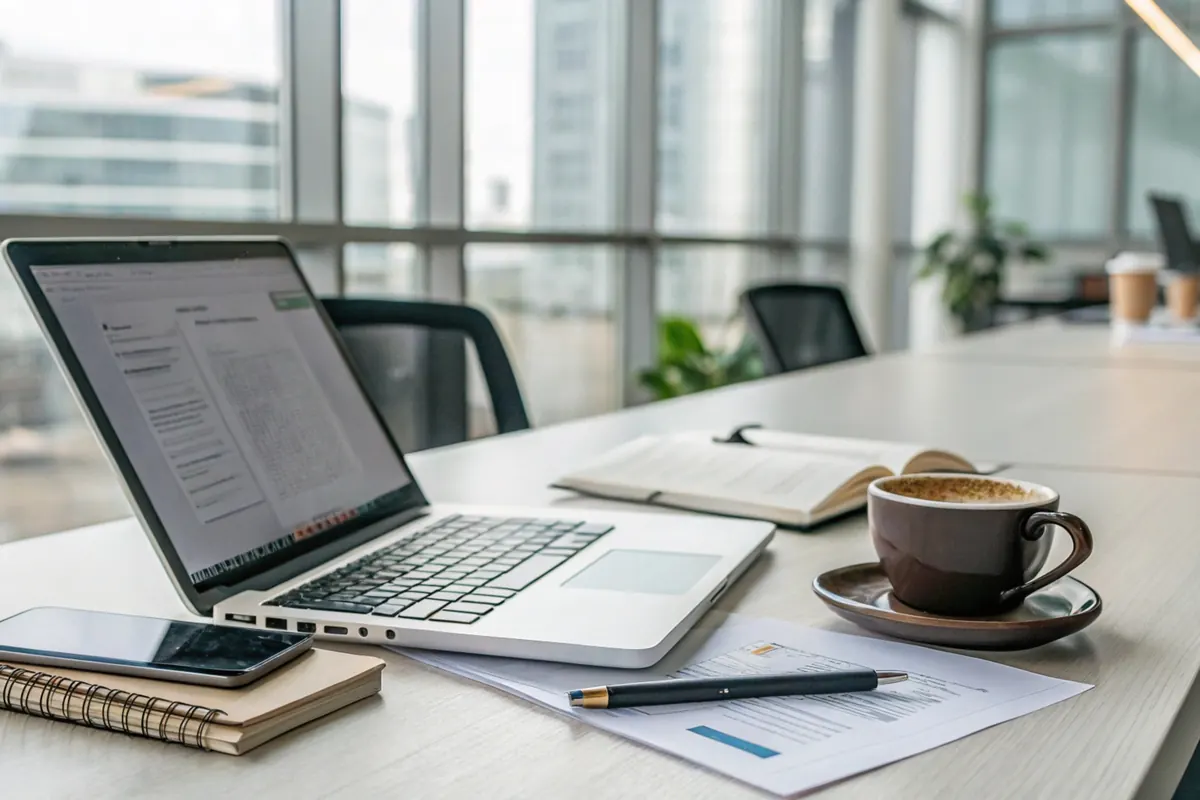 Mesa de trabajo de una oficina moderna con portátil, café y cuadernos