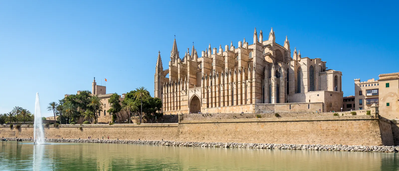 Catedral de la Seu de Palma de Mallorca sobre el lago del Parc de la Mar en un día soleado