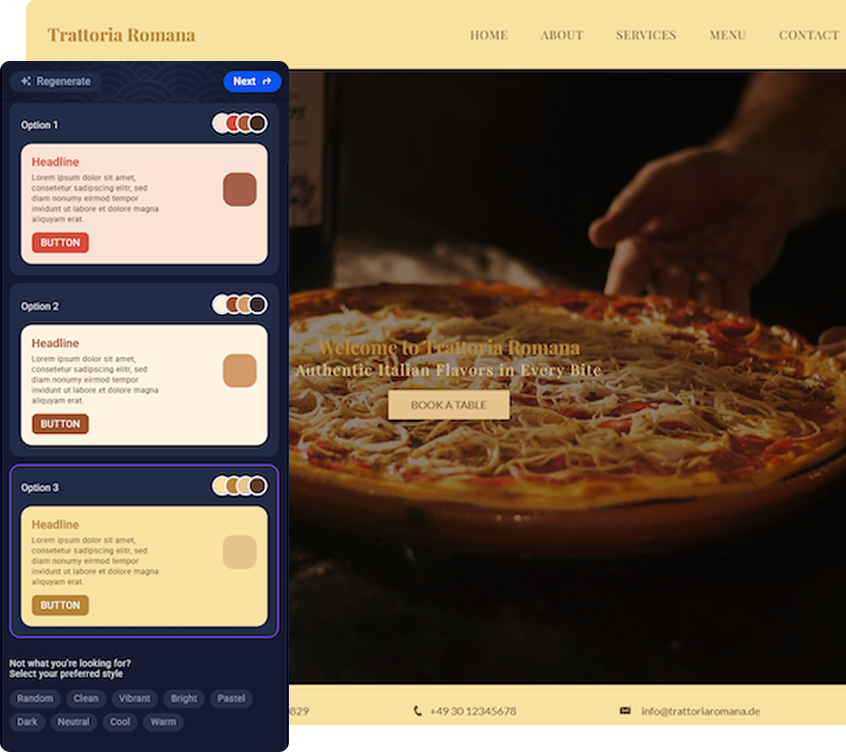 Opciones de personalización del creador web con IA