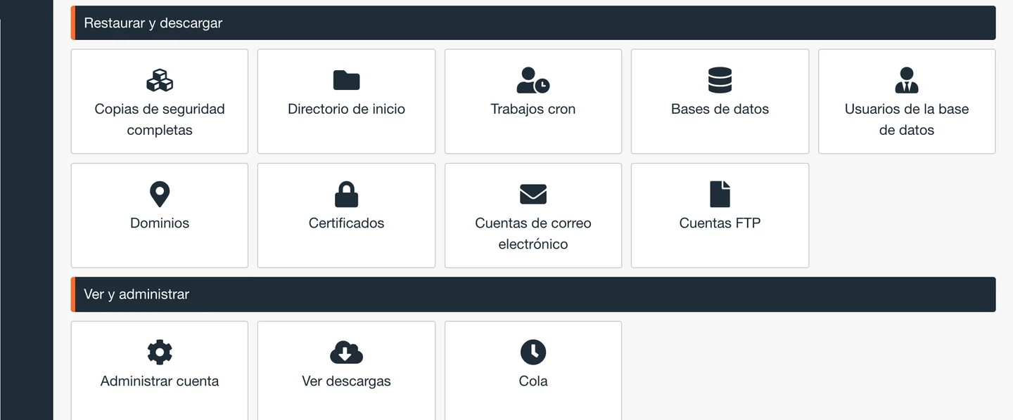 Pantalla de JetBackup 5 en cPanel con las opciones para restaurar copias completas, archivos, bases de datos y correo